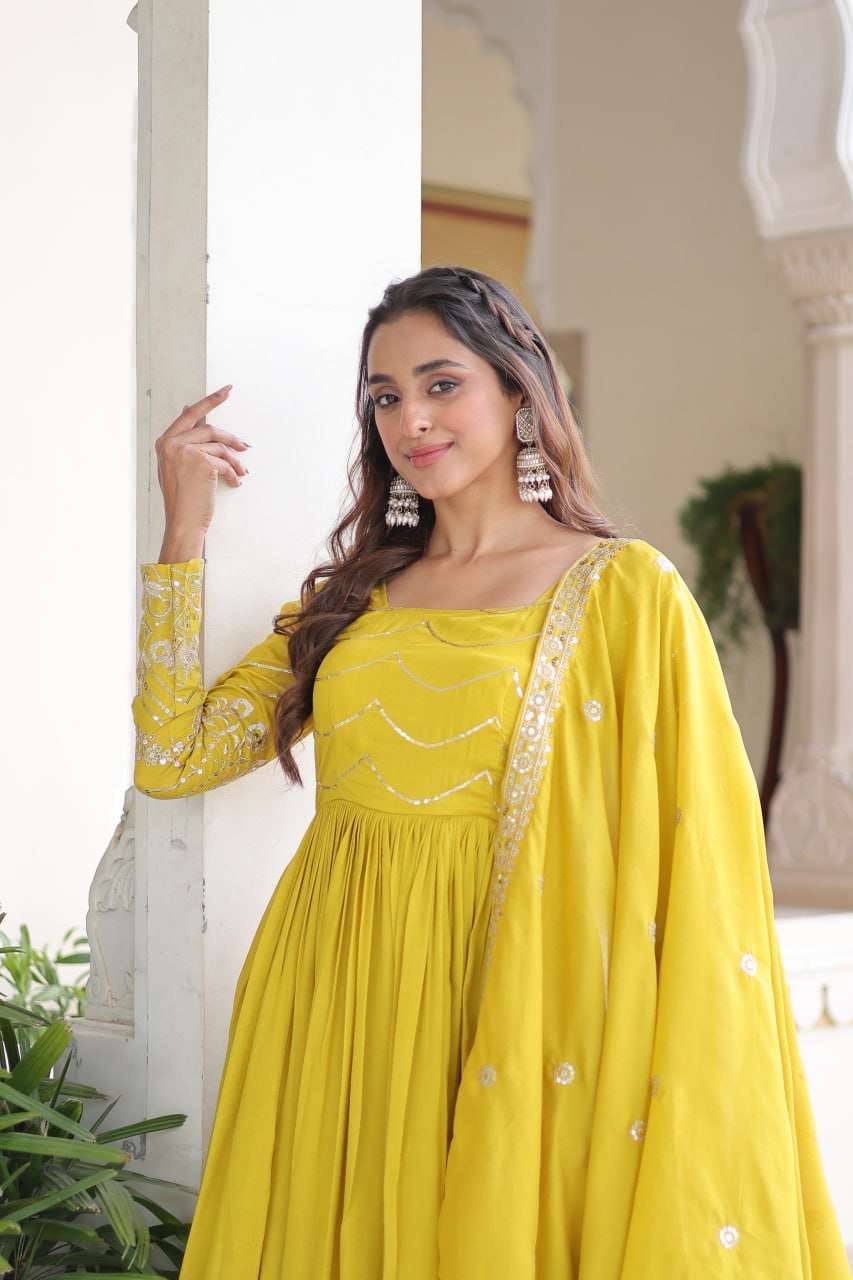 Bright Yellow Designer Gown with Sequence Embroidery Detailing