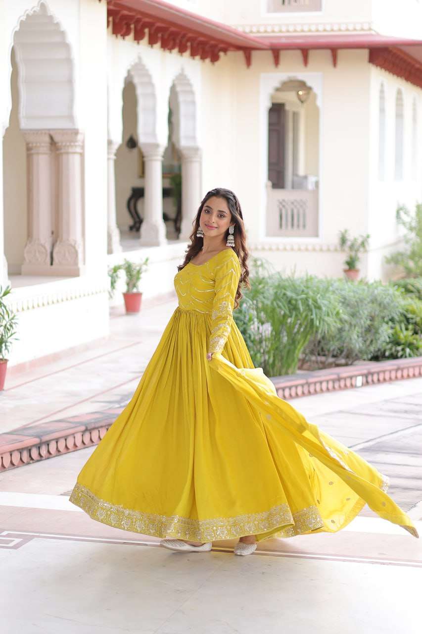 Bright Yellow Designer Gown with Sequence Embroidery Detailing