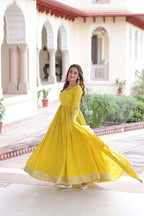 Bright Yellow Designer Gown with Sequence Embroidery Detailing