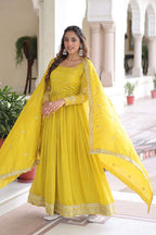 Bright Yellow Designer Gown with Sequence Embroidery Detailing
