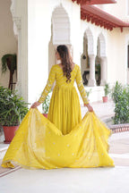 Bright Yellow Designer Gown with Sequence Embroidery Detailing
