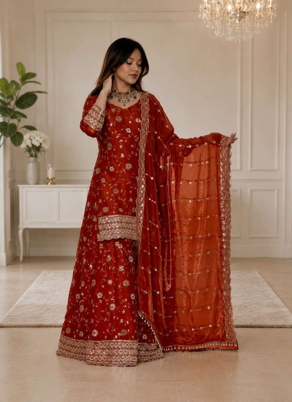 Rust Red Embroidered Silk Kurti Sharara with Dupatta