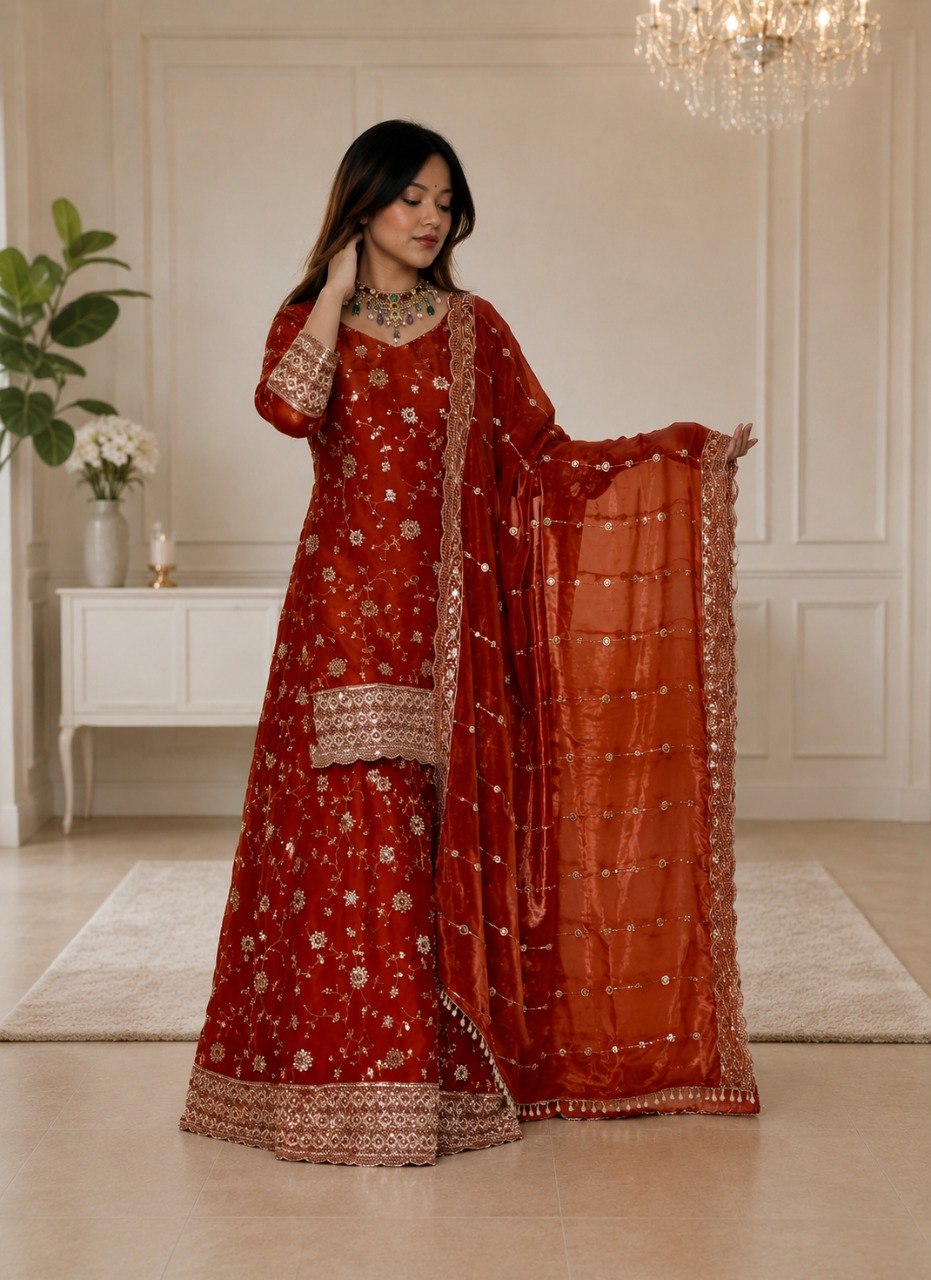 Rust Red Embroidered Silk Kurti Sharara with Dupatta
