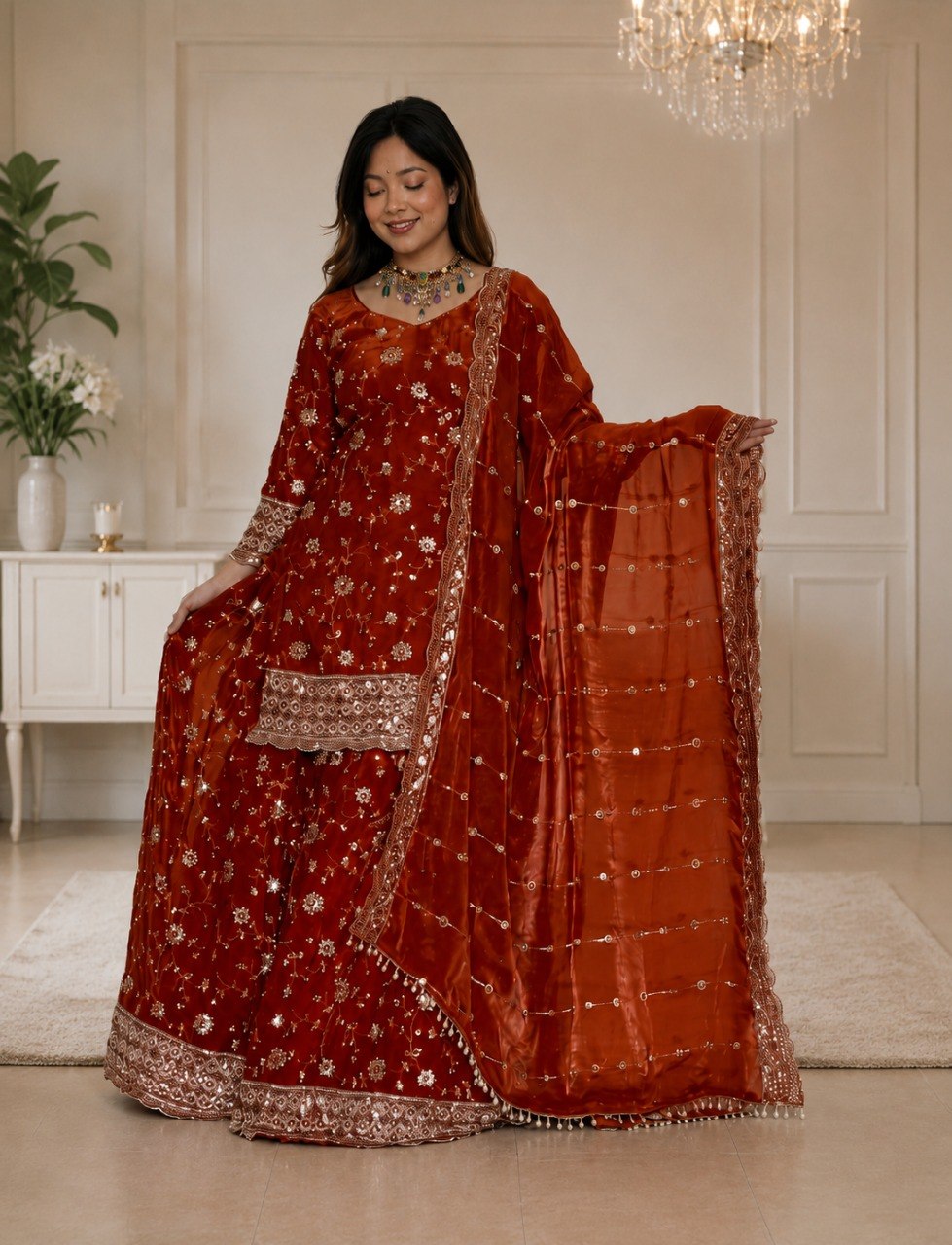 Rust Red Embroidered Silk Kurti Sharara with Dupatta