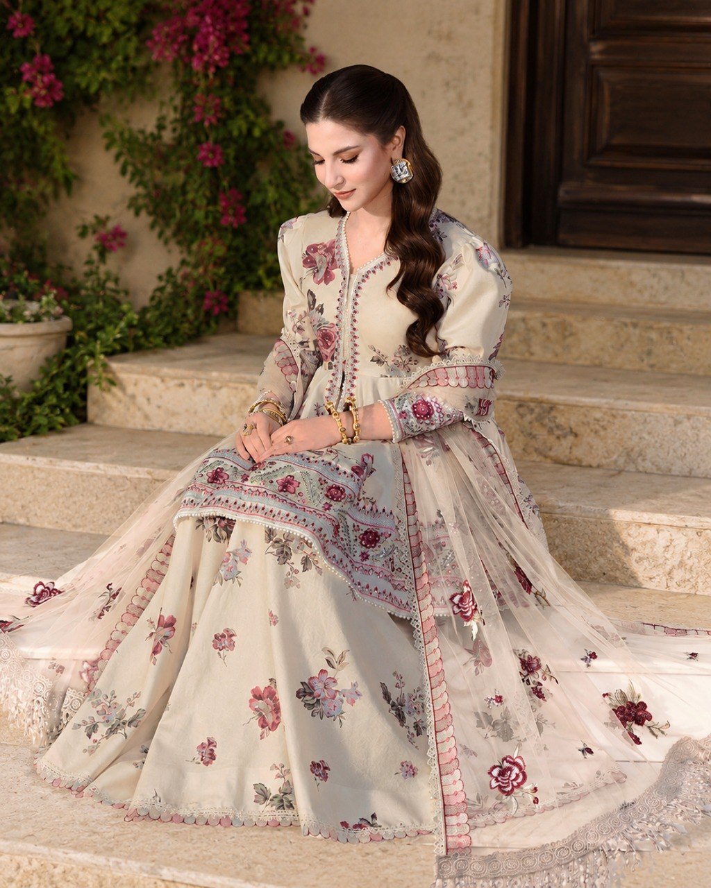 Premium Ivory Wedding & Party Wear Peplum Sharara With Embroidered Dupatta