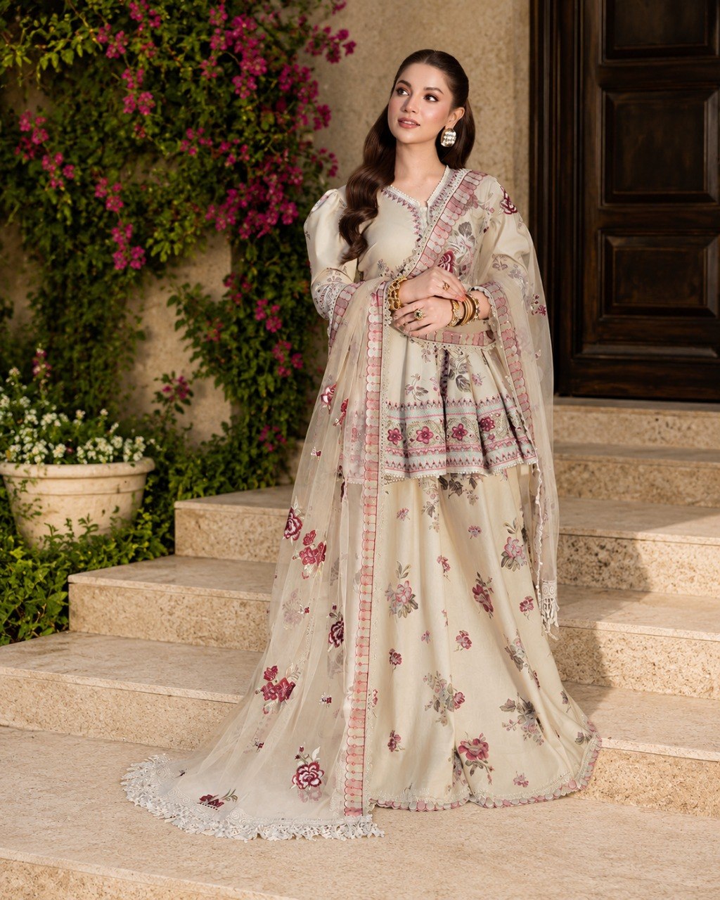 Premium Ivory Wedding & Party Wear Peplum Sharara With Embroidered Dupatta
