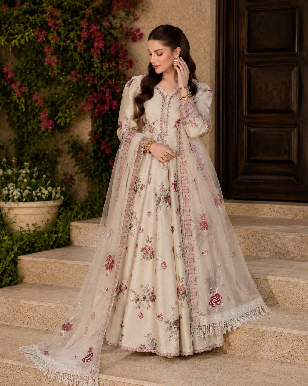 Premium Ivory Wedding & Party Wear Peplum Sharara With Embroidered Dupatta