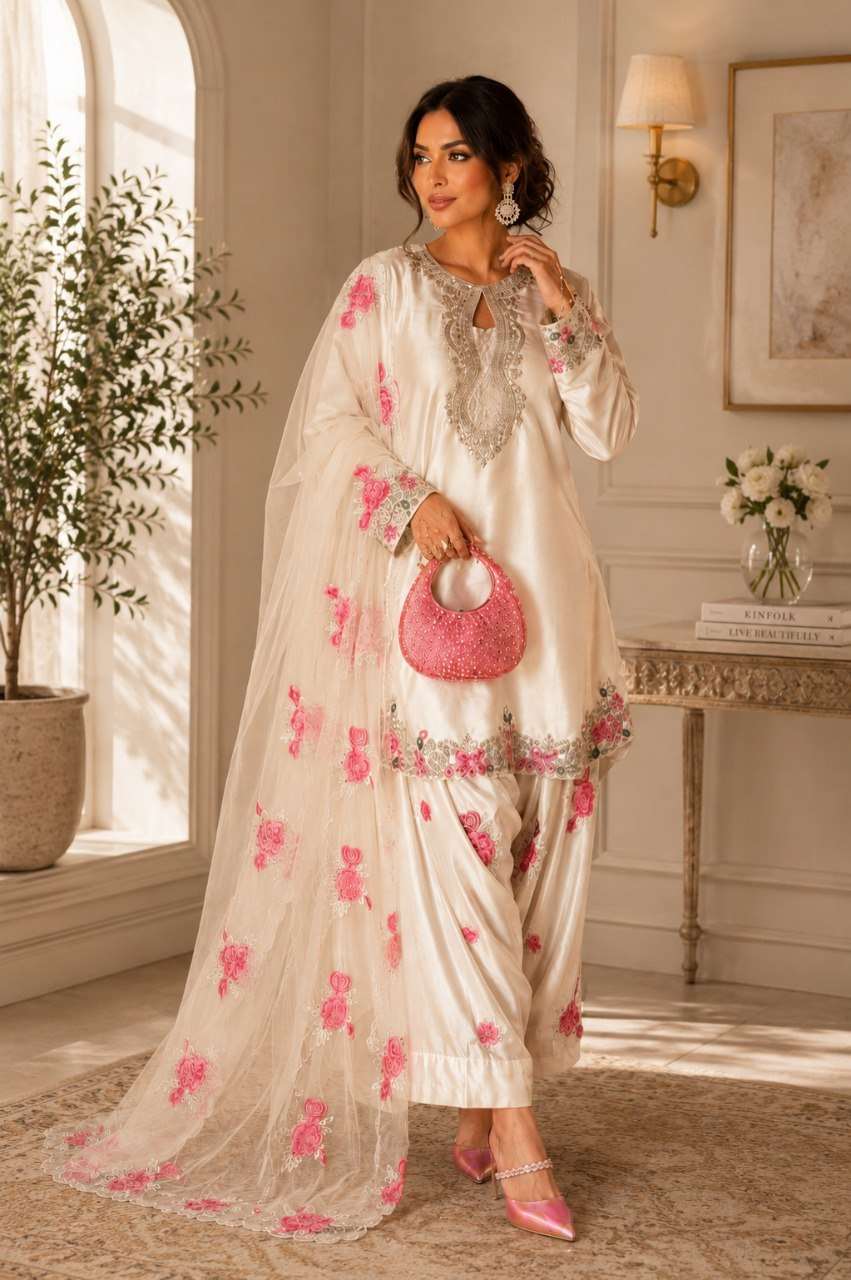 Party Wear White Japan Satin Farshi Salwar Suit With Embroidery Work