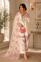 Party Wear White Japan Satin Farshi Salwar Suit With Embroidery Work