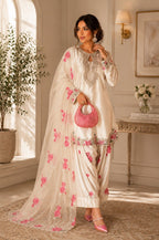 Party Wear White Japan Satin Farshi Salwar Suit With Embroidery Work