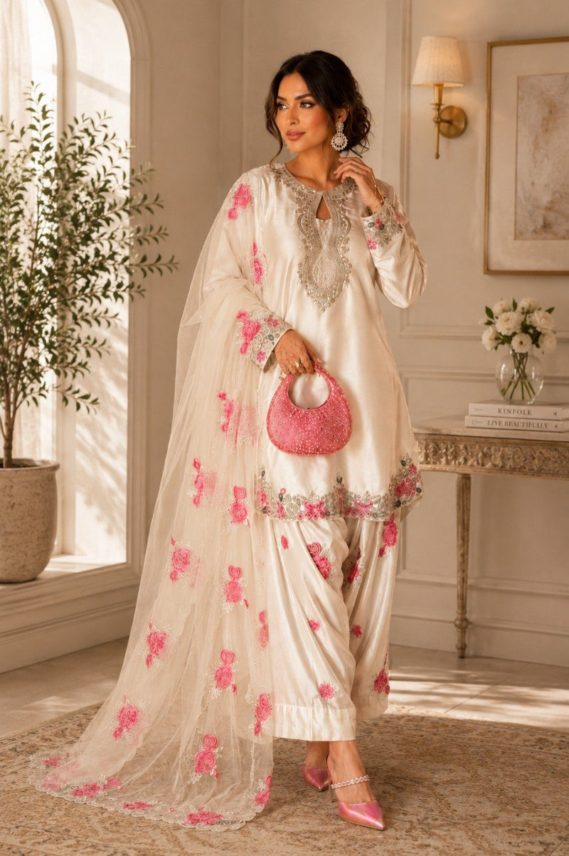 Party Wear White Japan Satin Farshi Salwar Suit With Embroidery Work