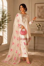 Party Wear White Japan Satin Farshi Salwar Suit With Embroidery Work