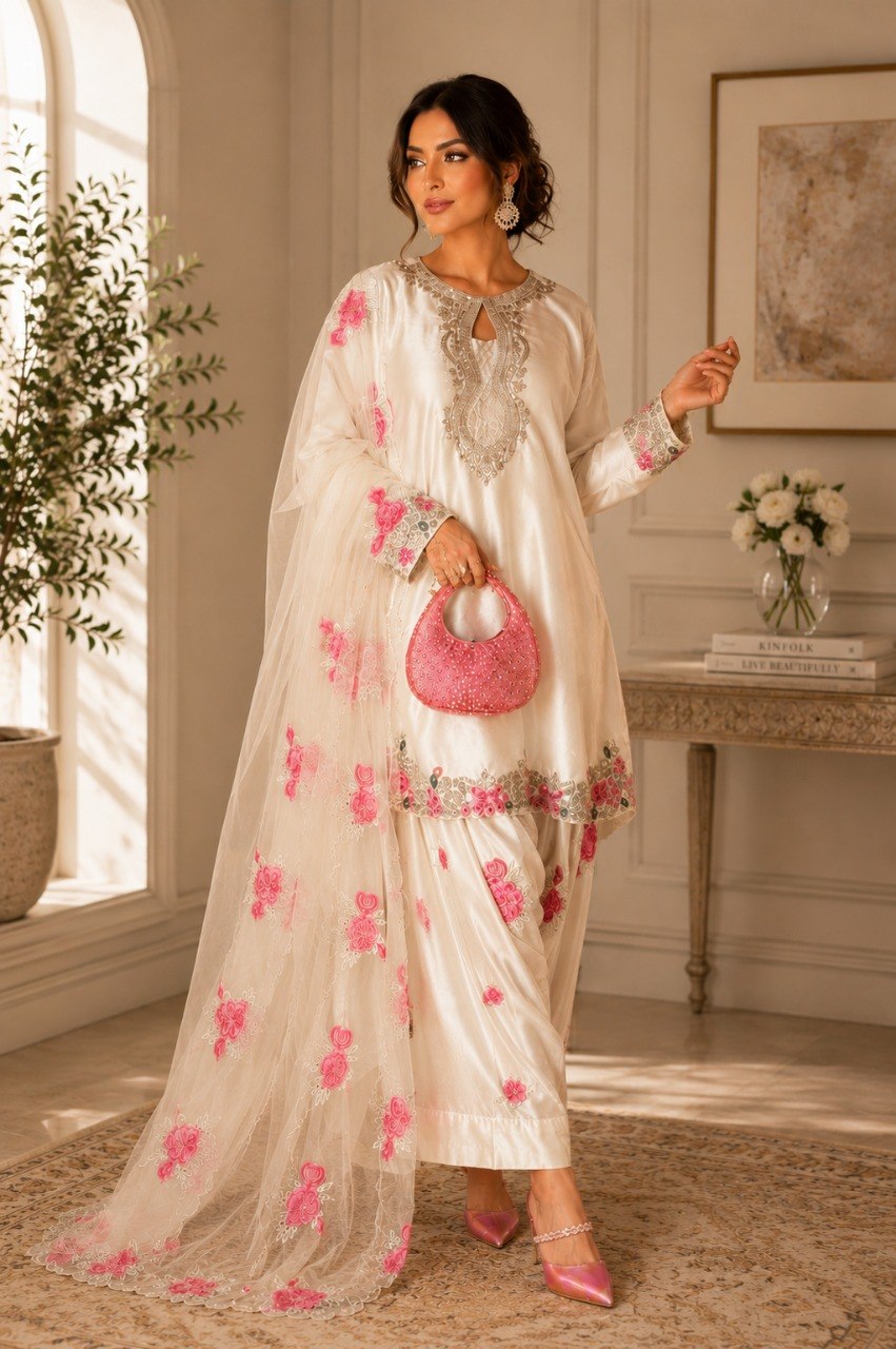 Party Wear White Japan Satin Farshi Salwar Suit With Embroidery Work