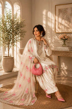 Party Wear White Japan Satin Farshi Salwar Suit With Embroidery Work