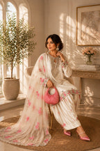 Party Wear White Japan Satin Farshi Salwar Suit With Embroidery Work