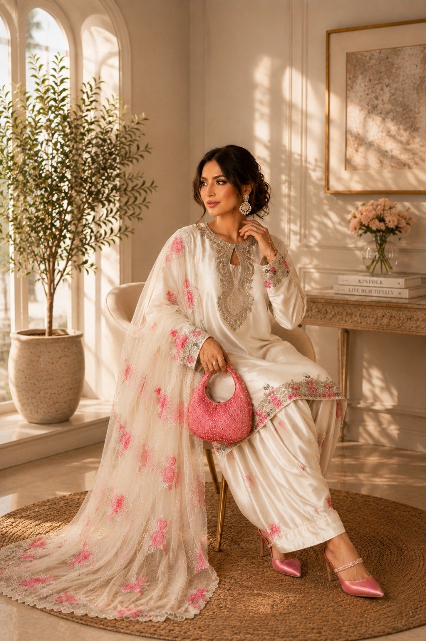 Party Wear White Japan Satin Farshi Salwar Suit With Embroidery Work