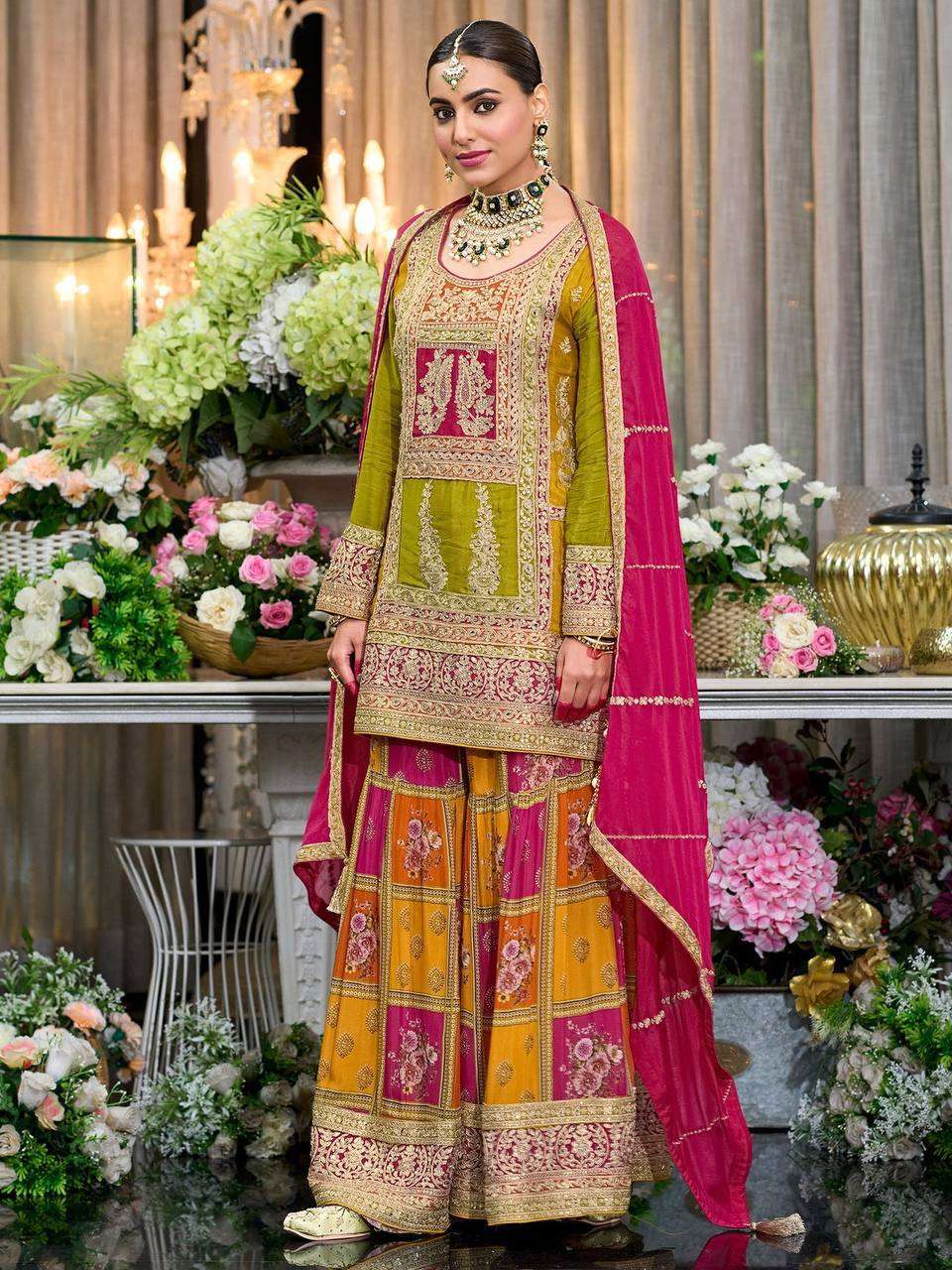 Festive Wear Chinon Silk Embroidered Plazzo Set with Faux Georgette Sequence Dupatta