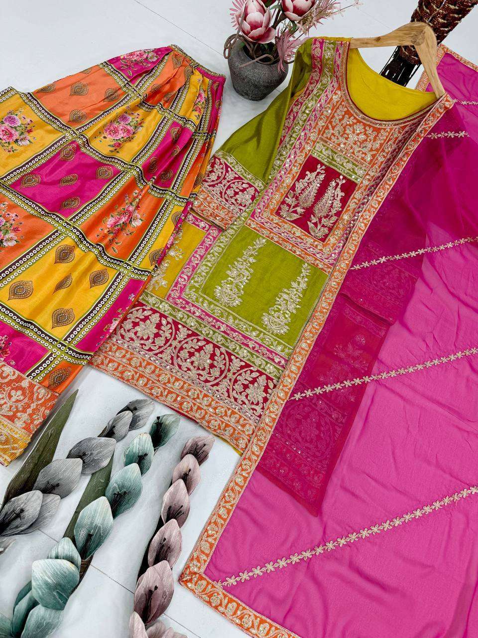 Festive Wear Chinon Silk Embroidered Plazzo Set with Faux Georgette Sequence Dupatta