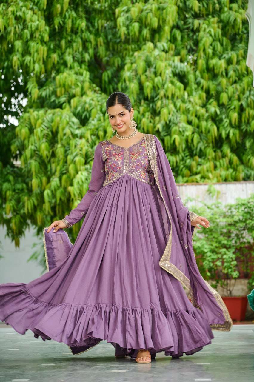 Graceful Lavender Gown & Dupatta Set â€“ Thread & Sequence Embroidery Detailing