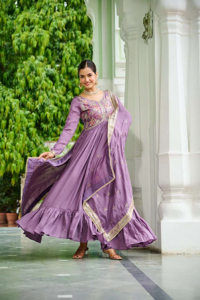 Plus Size - Graceful Lavender Gown & Dupatta Set, Thread & Sequence Embroidery Detailing