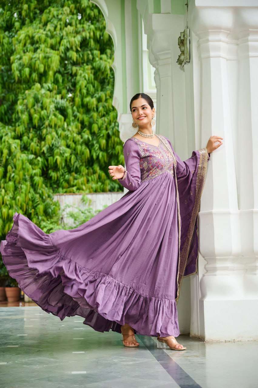 Plus Size - Graceful Lavender Gown & Dupatta Set, Thread & Sequence Embroidery Detailing