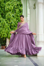 Plus Size - Graceful Lavender Gown & Dupatta Set, Thread & Sequence Embroidery Detailing