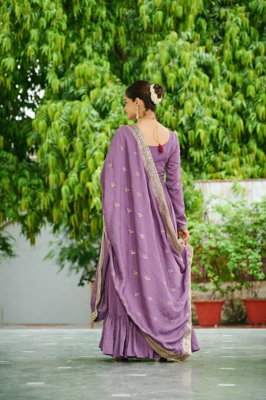 Graceful Lavender Gown & Dupatta Set â€“ Thread & Sequence Embroidery Detailing