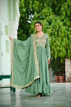 Elegant Pista Green Vichitra Silk Gown Set with Dupatta