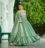 Elegant Pista Green Vichitra Silk Gown Set with Dupatta