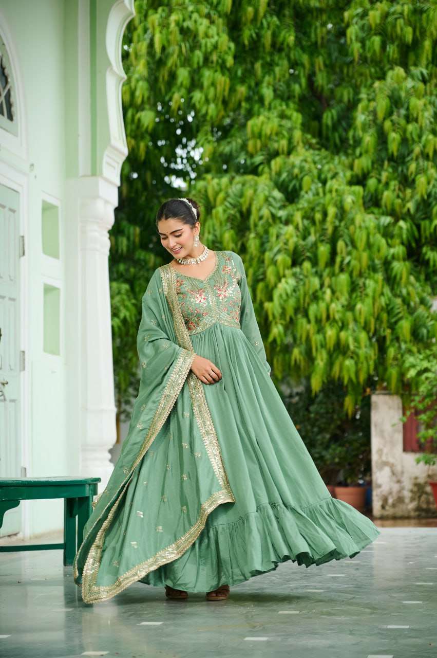 Elegant Pista Green Vichitra Silk Gown Set with Dupatta
