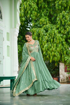 Elegant Pista Green Vichitra Silk Gown Set with Dupatta