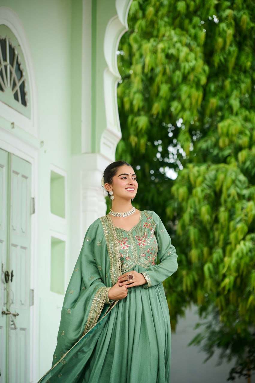 Plus Size - Elegant Pista Green Vichitra Silk Gown Set with Dupatta