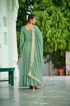 Plus Size - Elegant Pista Green Vichitra Silk Gown Set with Dupatta