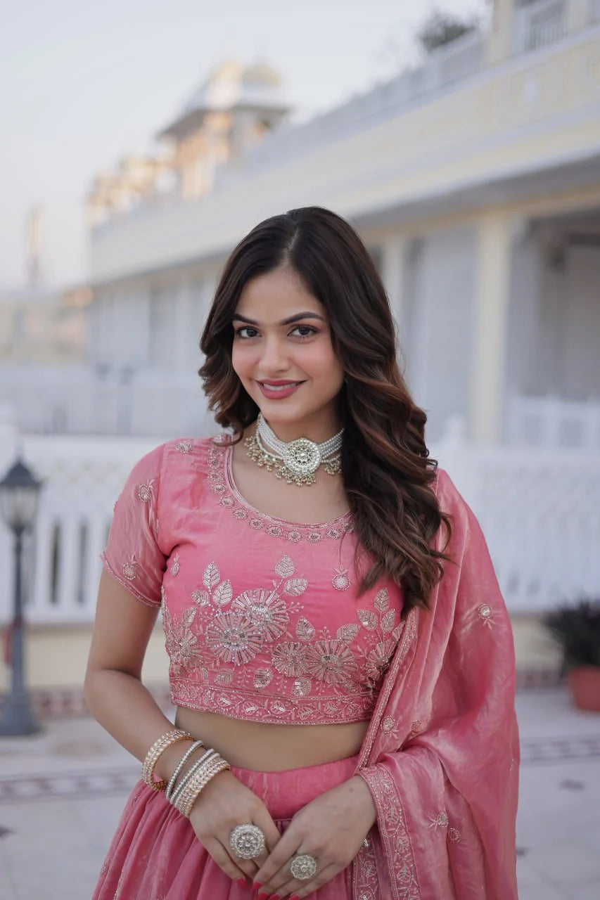 Classic Royal Charm: Embroidered Lehenga Set with Heavy Sequins & Zari Work