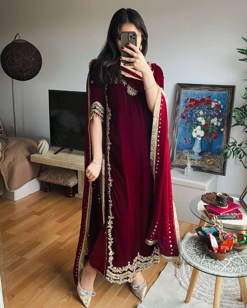 Velvet Top & Pant Set with Sequence Lace Georgette Dupatta