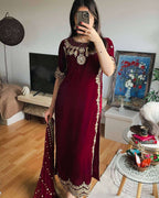 Velvet Top & Pant Set with Sequence Lace Georgette Dupatta