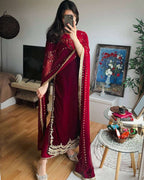 Velvet Top & Pant Set with Sequence Lace Georgette Dupatta