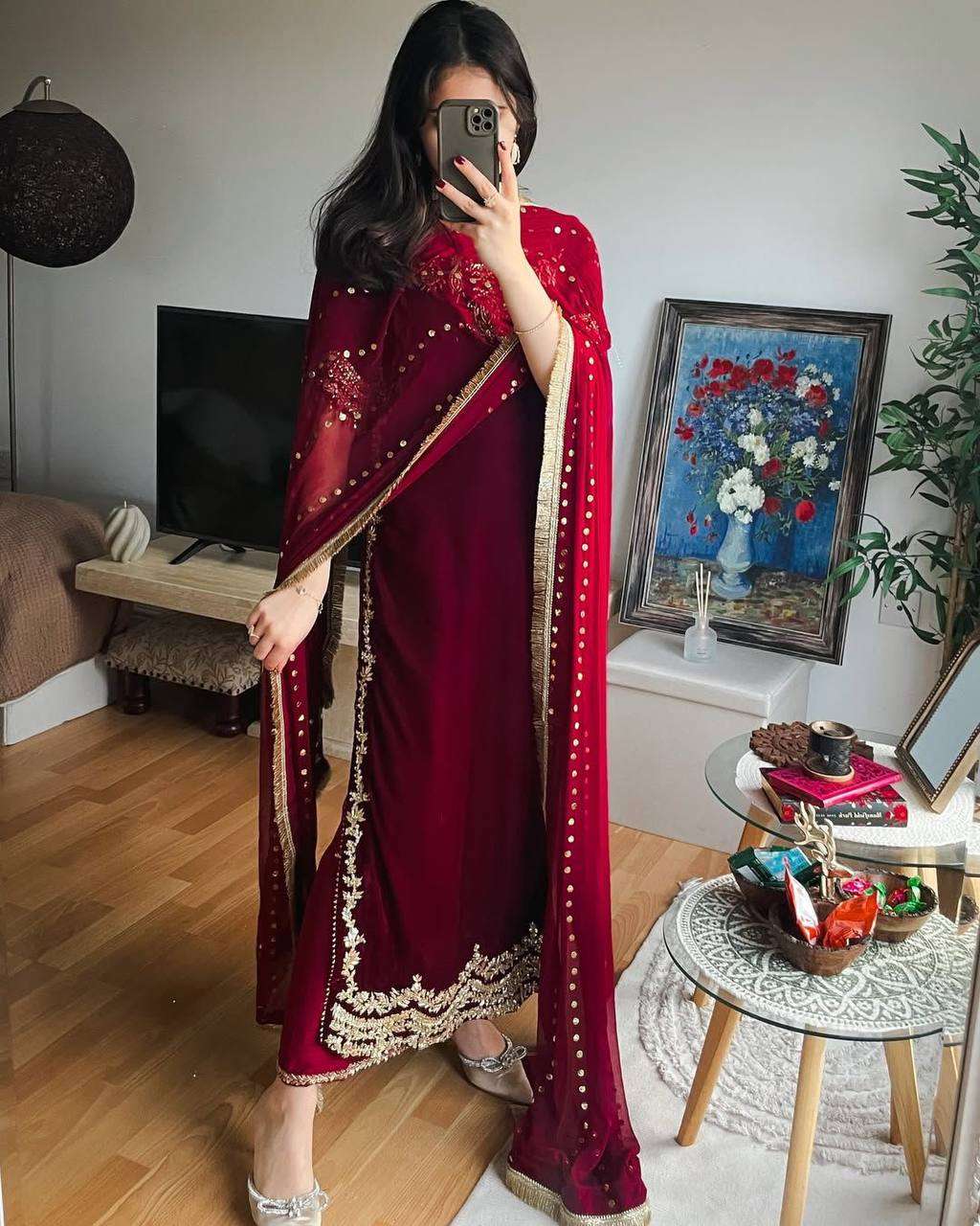 Velvet Top & Pant Set with Sequence Lace Georgette Dupatta
