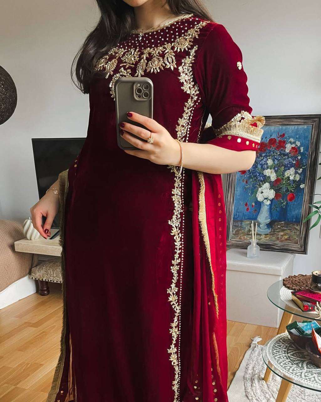 Velvet Top & Pant Set with Sequence Lace Georgette Dupatta