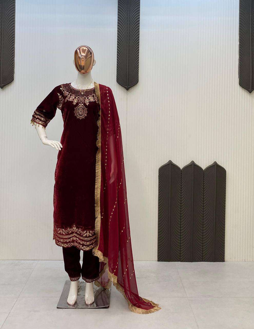 Velvet Top & Pant Set with Sequence Lace Georgette Dupatta