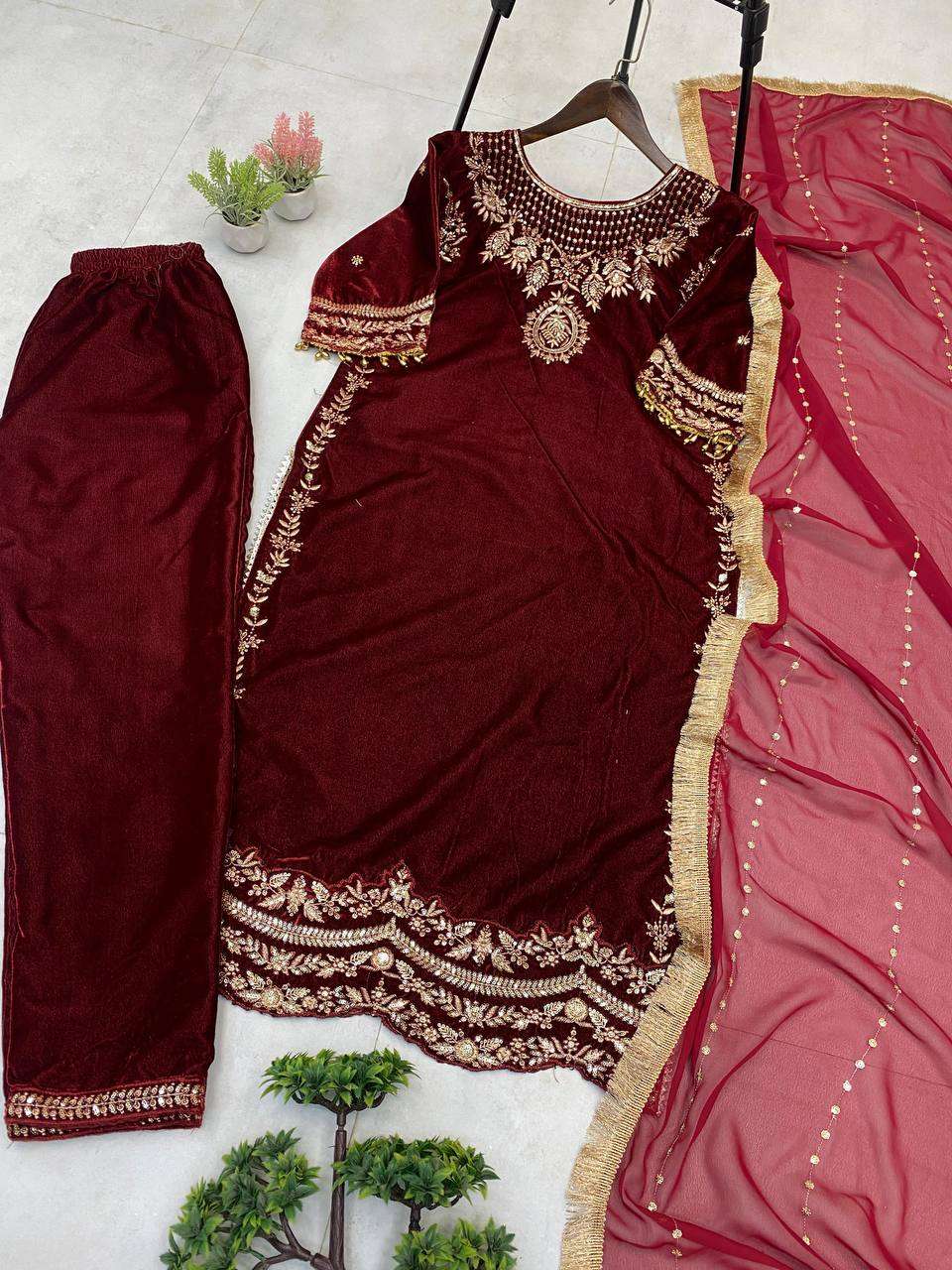 Velvet Top & Pant Set with Sequence Lace Georgette Dupatta