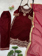 Velvet Top & Pant Set with Sequence Lace Georgette Dupatta