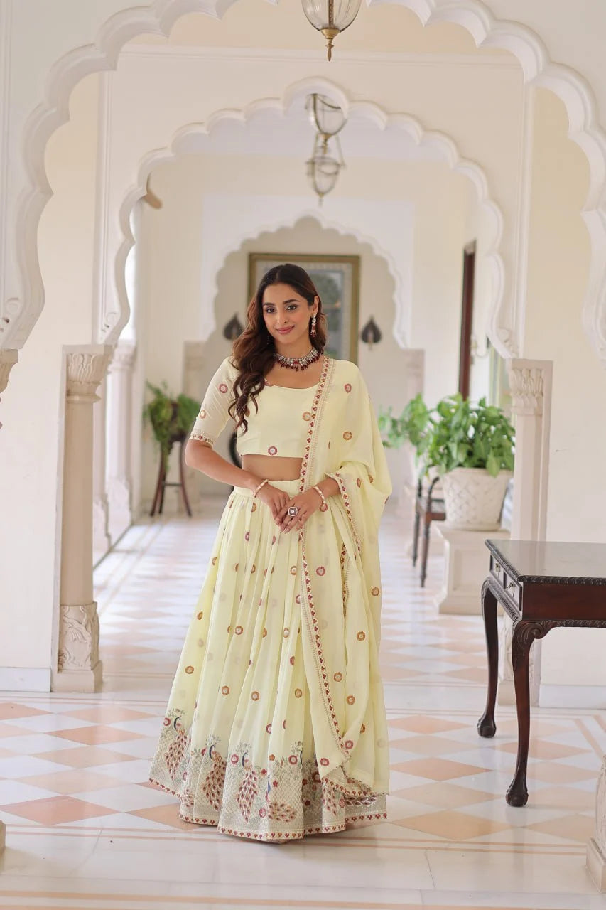 Grand Festive Look: Designer Lehenga Set with Multi Embroidery & Flowing Flair