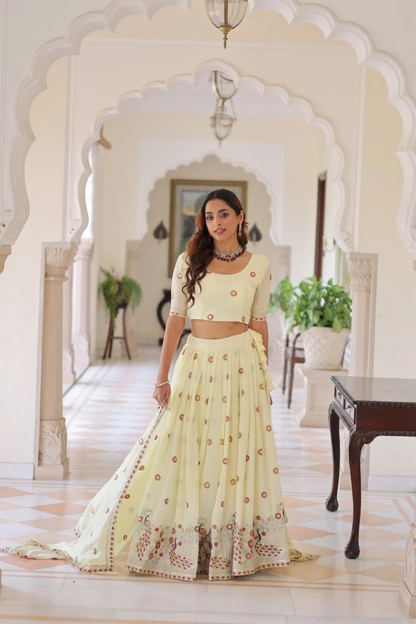 Grand Festive Look: Designer Lehenga Set with Multi Embroidery & Flowing Flair