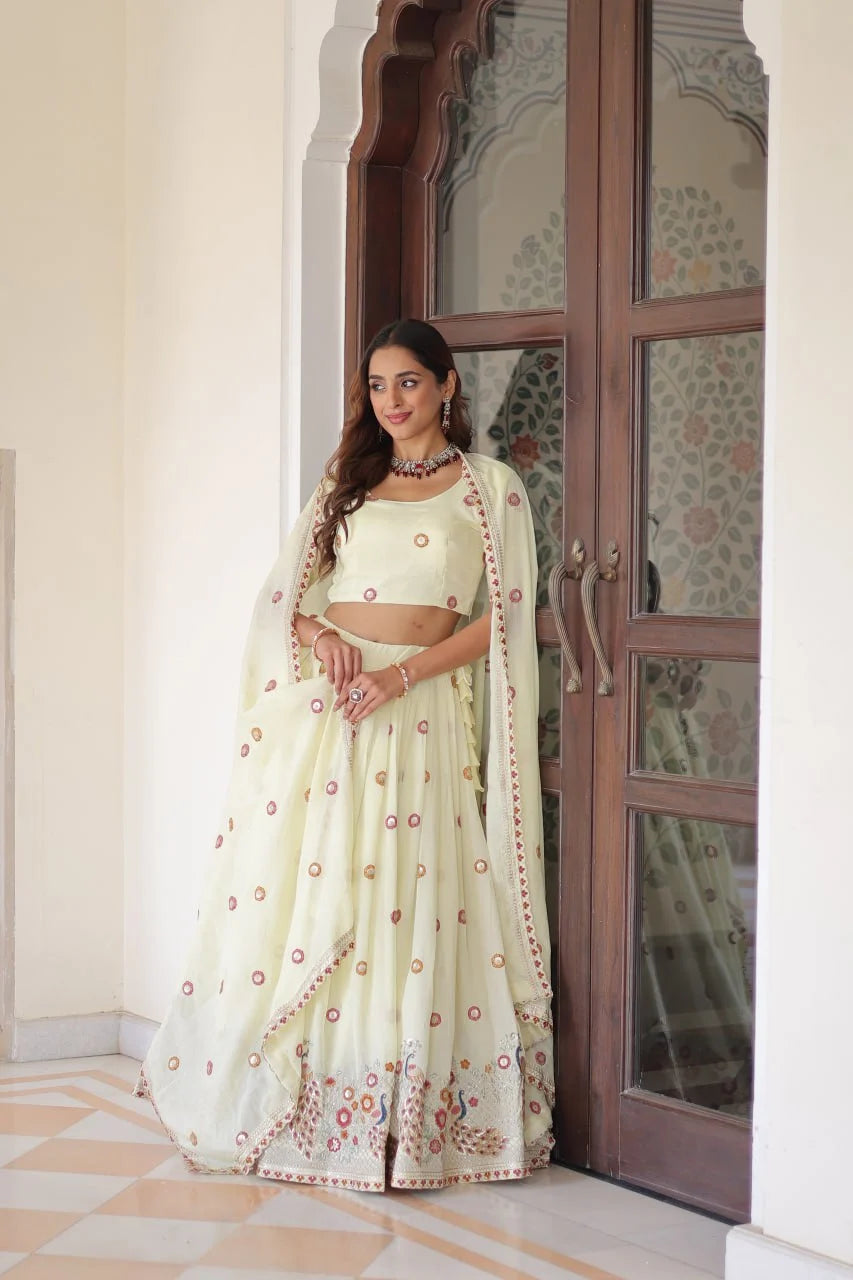 Grand Festive Look: Designer Lehenga Set with Multi Embroidery & Flowing Flair
