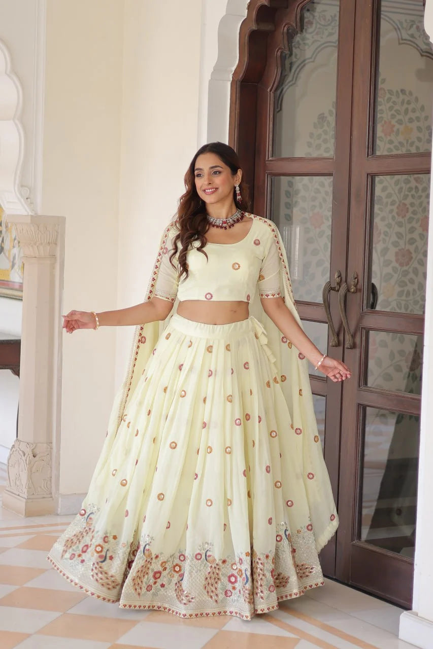 Grand Festive Look: Designer Lehenga Set with Multi Embroidery & Flowing Flair