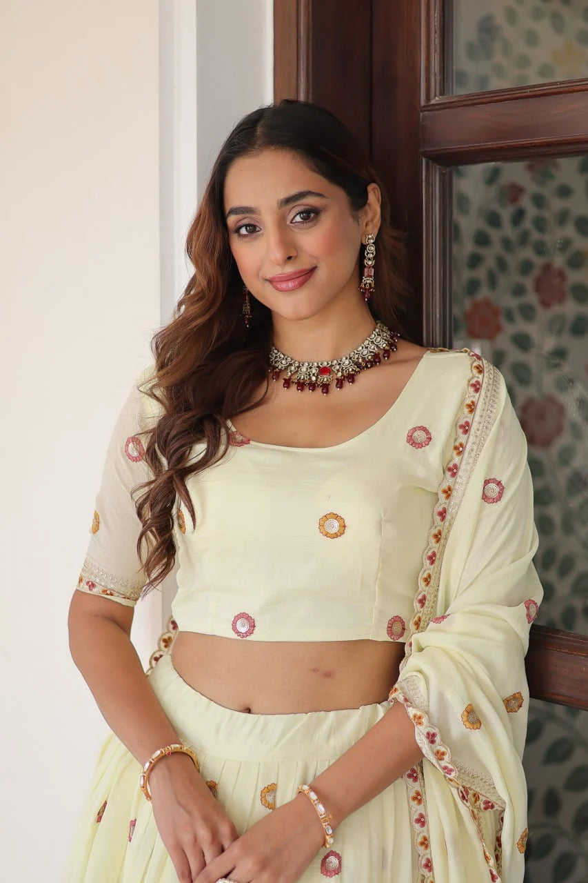 Grand Festive Look: Designer Lehenga Set with Multi Embroidery & Flowing Flair
