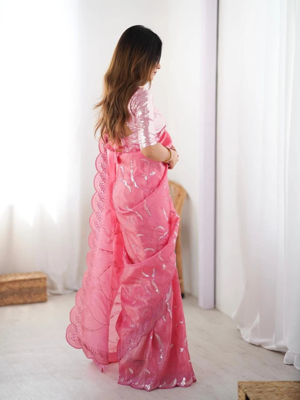 Rose Pink Glow Ready to Wear Saree with Thread & Sequin Work Blouse
