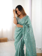 Dusty Teal Green Ready To Wear Saree With Designer Sequin Blouse