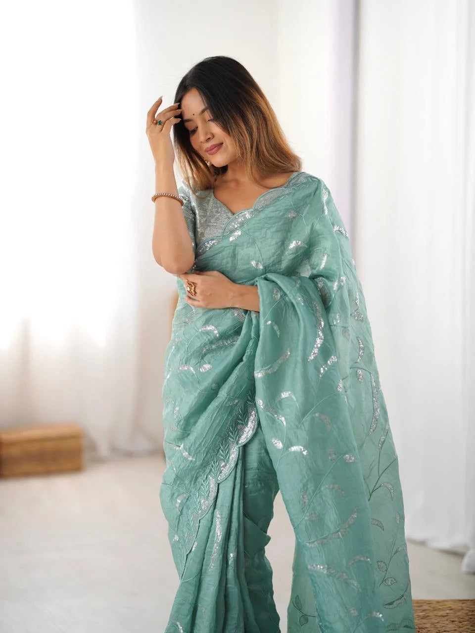 Dusty Teal Green Ready To Wear Saree With Designer Sequin Blouse